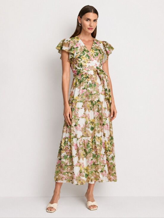 Dkny Dresses & Skirts - DKNY Pink & Green Floral Maxi Dress with Flutter Sleeves Size 16